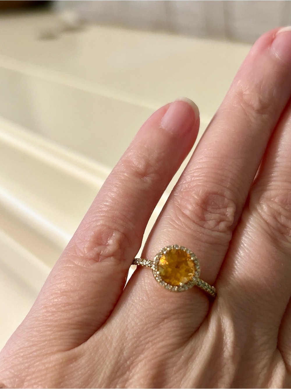 Yellow Citrine and Diamond Halo Ring in 14k Gold